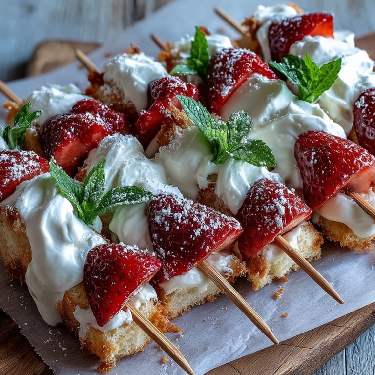 Close-up of mini strawberry shortcake bites skewers with fluffy cream and fruit.