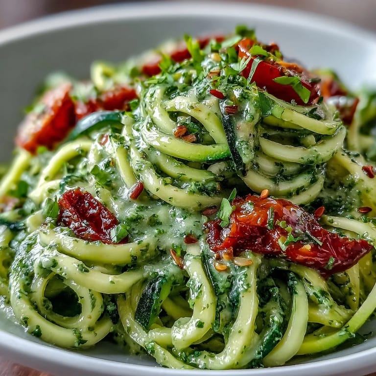 Wypróbuj wegańską cukinię z pesto z awokado, udekorowaną pomidorkami koktajlowymi.