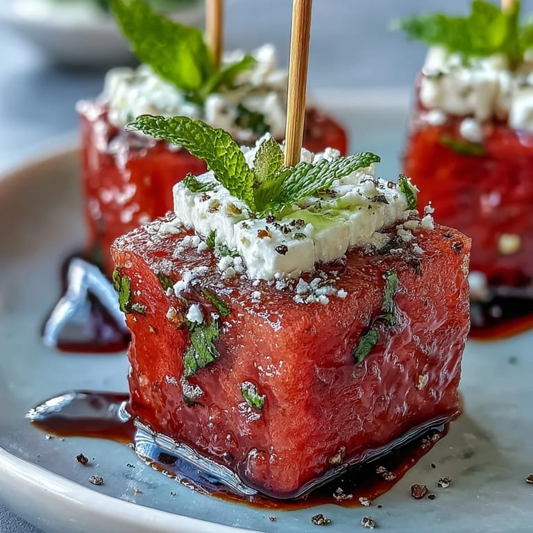 Kolorowe Watermelon Feta Bites, soczyste kawałki z fetą i miętą.