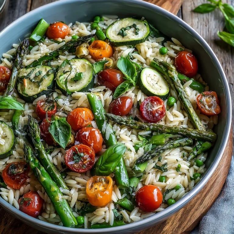 Zachęcające danie Orzo Primavera, pełne świeżych wiosennych warzyw i aromatycznej skórki cytrynowej.