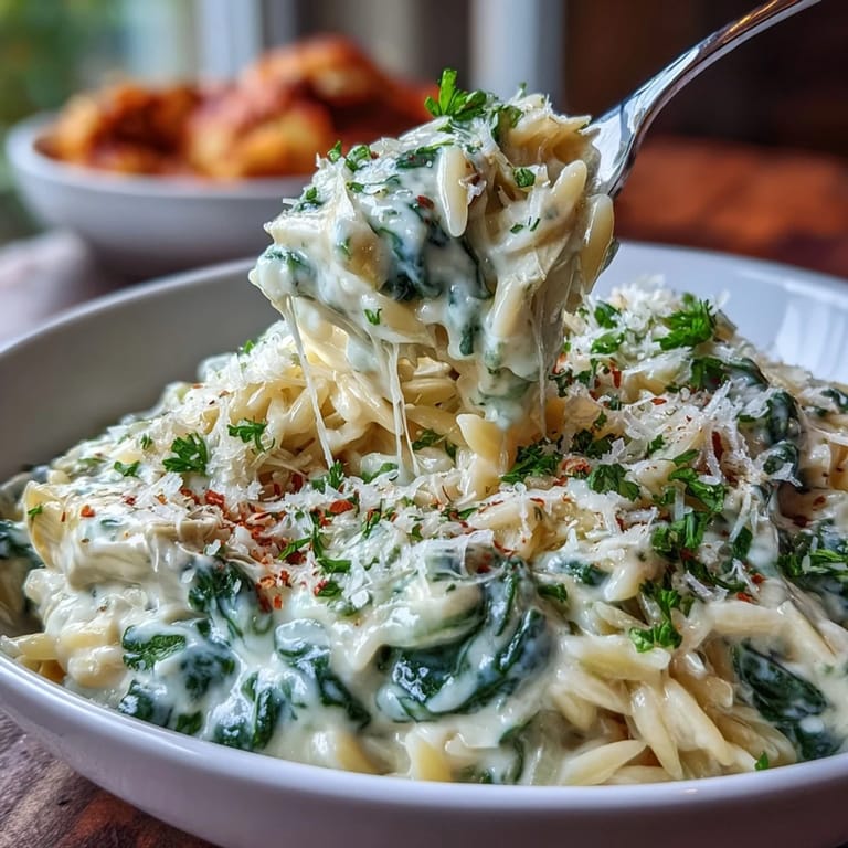 Creamy spinach artichoke orzo dish, a satisfying vegetarian meal with tender pasta.