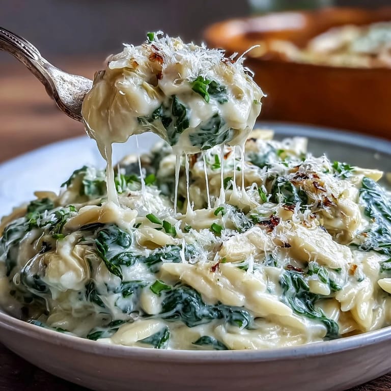 Enjoy this photo of spinach artichoke orzo, a flavorful, cheesy Italian-inspired pasta.