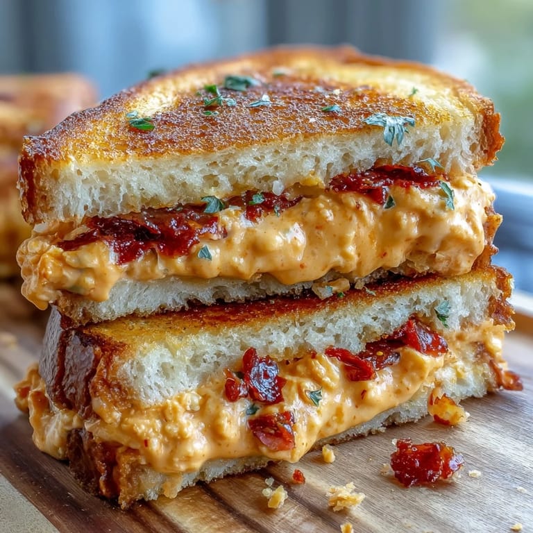 Klasyczny pimento cheese grilled cheese, idealny z zupą pomidorową, chrupiący i kremowy.
