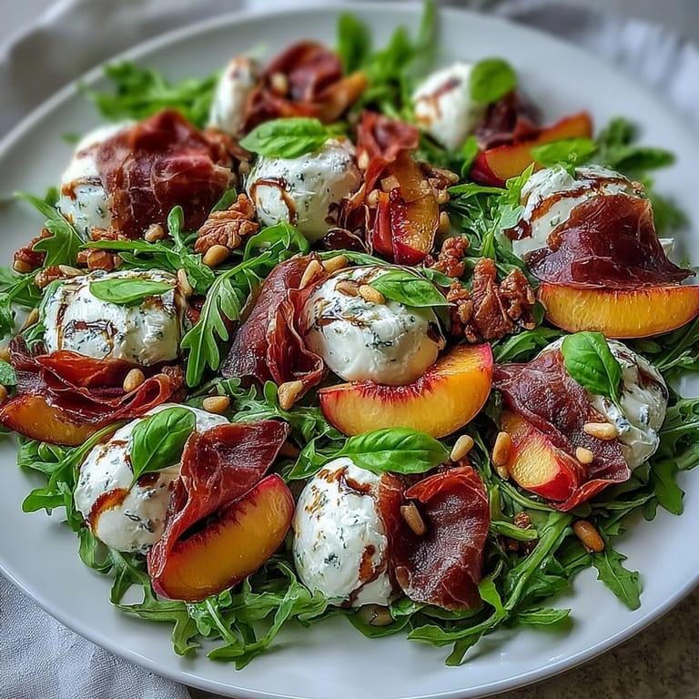 Wykwintna sałatka z brzoskwiniami, burratą i prosciutto, idealna na romantyczną kolację.