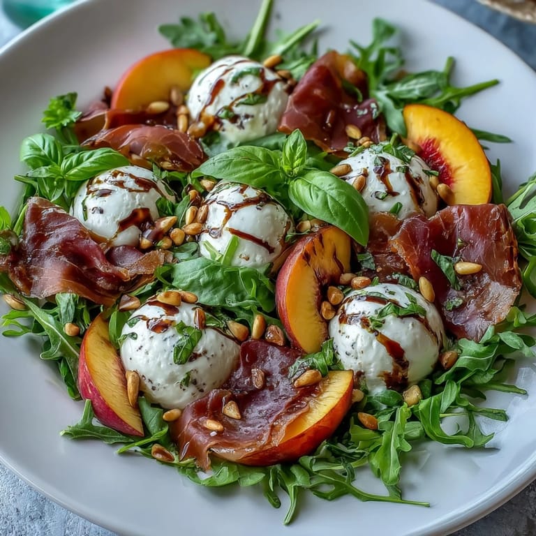 Zdjęcie sałatki z brzoskwiniami, burratą i prosciutto, udekorowana bazylią i oliwą.