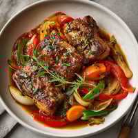 A bowl of meat and vegetables.