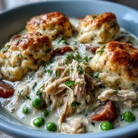 Slow Cooker Ranch Chicken & Dumplings steaming in a creamy stew with fluffy drop biscuits.
