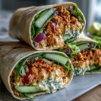 Stuffed tortillas with creamy Vegan Buffalo Chickpea Salad, crisp romaine lettuce, and fresh cucumber slices.