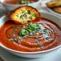 Kremowa zupa pomidorowa z bazylią i grzankami z chleba kwaszonego - pachnąca, kremowa zupa z świeżą bazylią, podawana z złocistymi, chrupiącymi grzankami.