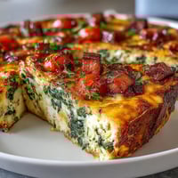 Złota frittata z szynką i serem, pełna świeżych warzyw i rozpływającego się sera, upieczona do złotego koloru.