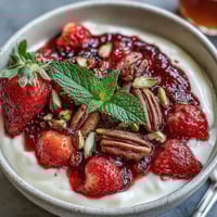 Świeży sok truskawkowy nad greckim jogurtem z orzechami i miodem, idealny na śniadanie lub deser.