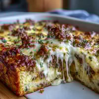 Śniadaniowa kasza z kiełbasą i jajkami, gotowana w piekarniku do złotego koloru.