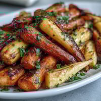 Tłuste marchewki i pietruszki z miodem, pieczone do złotego koloru z aromatyczną glazurą.